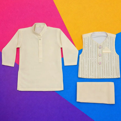 RT - 3 Pieces - Wash N Wear - Waist Coat Kurta Shalwar - Cream - Stripes (0-6 Months)