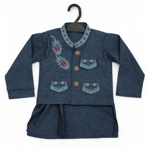 WG - 3 Pieces - Wash N Wear - Waist Coat Kurta Shalwar - Bluish Grey - Flower Bail (0-6 Months)