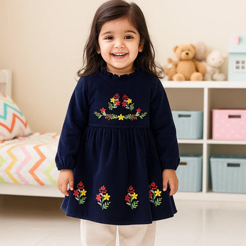 Corduroy Frock - Long Sleeves - Dark Blue - Flowers - 25