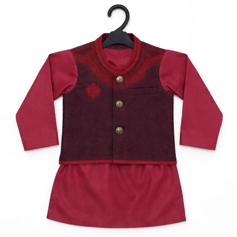 WG - 3 Pieces - Wash N Wear - Waist Coat Kurta Shalwar - Maroon - Chandelier (0-6 Months)