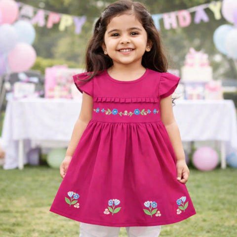 P&P - Short Sleeve - Embroidered Frock - Pink - Strip Flowers & Leaves