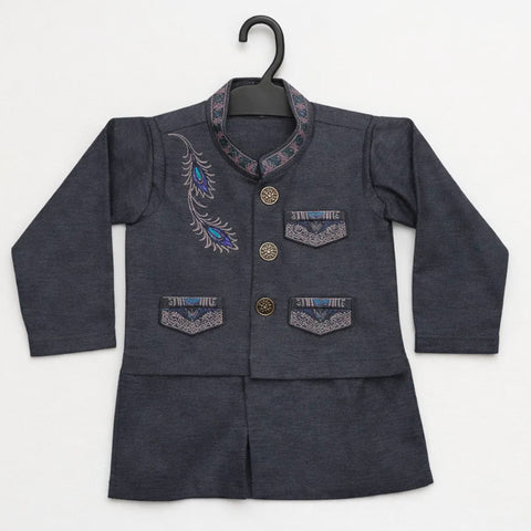 WG - 3 Pieces - Wash N Wear - Waist Coat Kurta Shalwar - Grey - Flower Bail (0-6 Months)