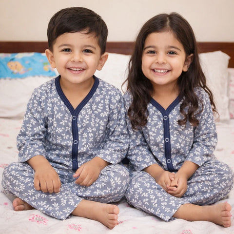 TBS - Cotton Jersey - Night Suit - Light Grey - Leaves - 26