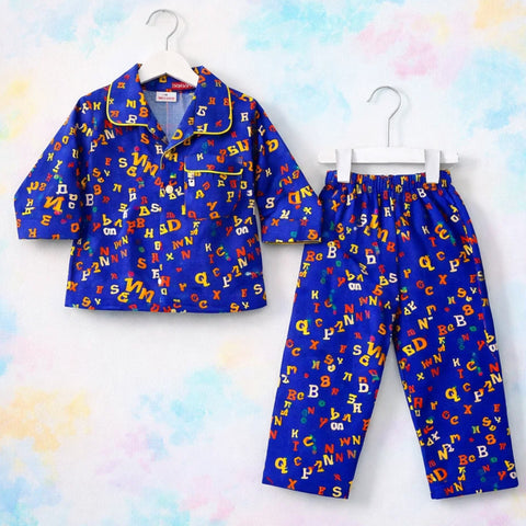 CC - Collar Night Suit - Cotton - Blue - Alphabets