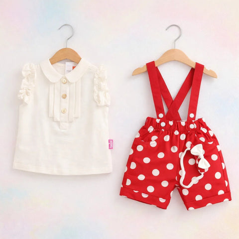 O Baby - 3 Pieces - Dungaree Set - Polka - Red