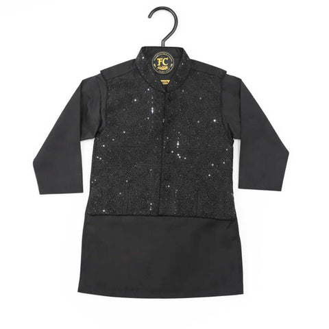 SG - 3 Pieces - Wash N Wear - Waist Coat Kurta Shalwar - Black - Flower Bail (0-6 Months)