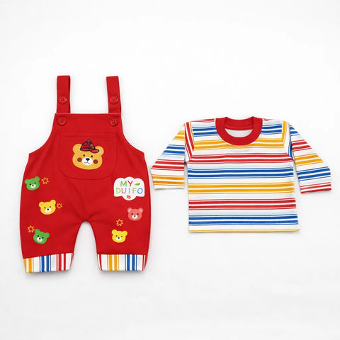 LS - 2 Pieces - Short Leg Dungaree Set - Red - Bear Hut