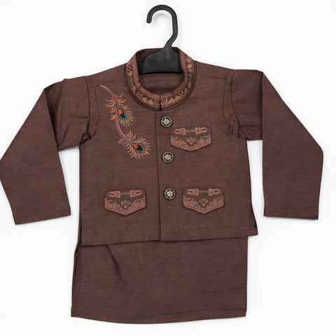 WG - 3 Pieces - Wash N Wear - Waist Coat Kurta Shalwar - Brown - Flower Bail (0-6 Months)