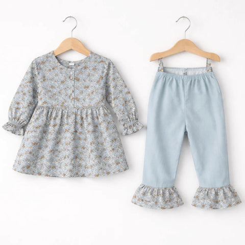 AG - 2 Pieces - Frock Set - Bluish Grey - Flower & Leaves