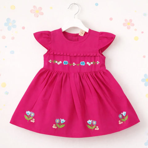 P&P - Short Sleeve - Embroidered Frock - Pink - Strip Flowers & Leaves