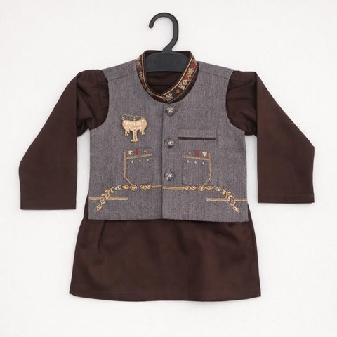 TBS - 3 Pieces - Wash N Wear - Waist Coat Kurta Trouser - Brown - (0-6 Months)