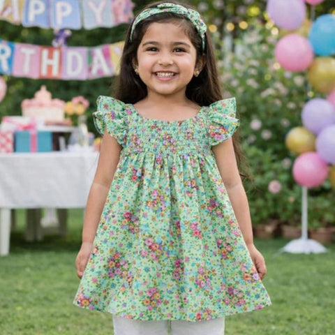 PR - Printed Frock - Green - Rose & Leaves