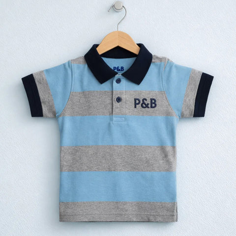 GT - Short Sleeve - Polo T-Shirt - Blue & Grey - Stripes