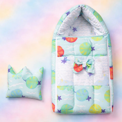 Cotton - Hooded Carry Nest - Sea Green - Star Ladybird Bow - 26