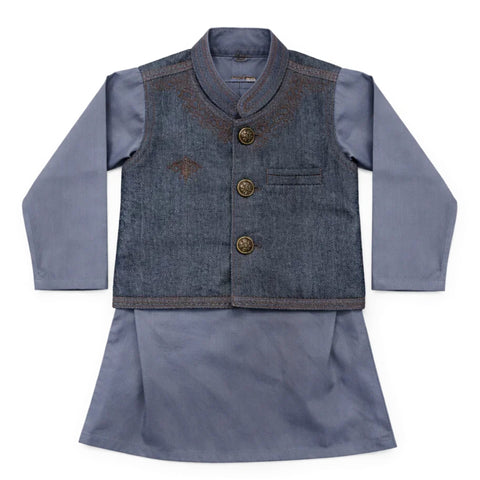 WG - 3 Pieces - Wash N Wear - Waist Coat Kurta Shalwar - Grey - Chandelier (0-6 Months)