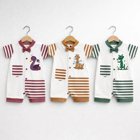 HY - Pack of 3 Short Leg Rompers - Cotton Interlock - Stripe Animals