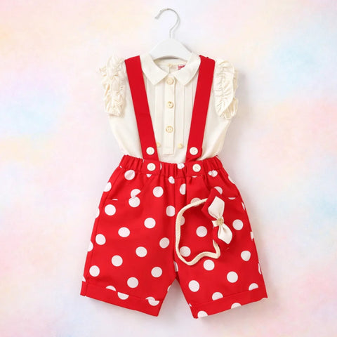 O Baby - 3 Pieces - Dungaree Set - Polka - Red