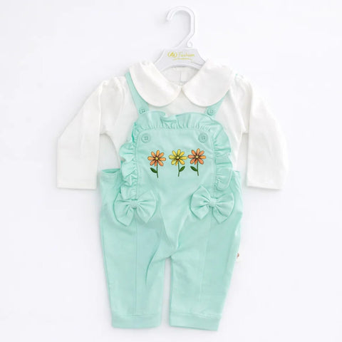 GM - 2 Pieces - Dungaree Set - Green - Three Flowers