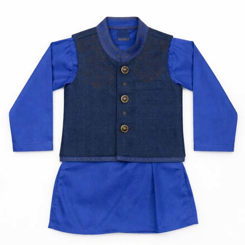 WG - 3 Pieces - Wash N Wear - Waist Coat Kurta Shalwar - Royal Blue - Chandelier (0-6 Months)