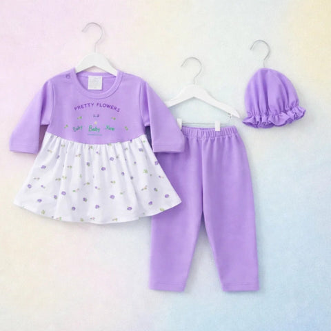 Charm - 3 Pieces - Newborn Frock Set - Hearts - Purple - Thailand