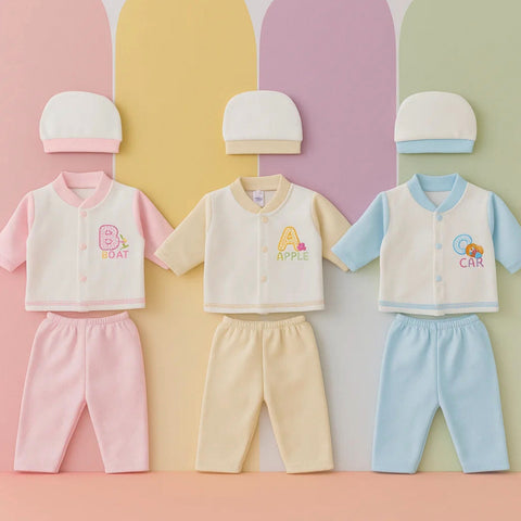 Kiddy's - Fleece - 3 Pack - Newborn Night Suits - Pink Blue Peach - ABC - 25