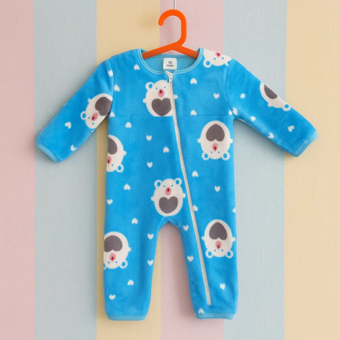 Fleece - Zipper Romper - Blue - Bear & Hearts