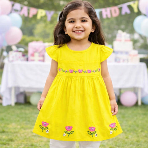 P&P - Short Sleeve - Embroidered Frock - Yellow - Strip Flowers & Leaves