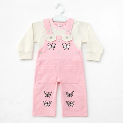Shine - 2 Pieces - Dungaree Set - Pink - Butterfly