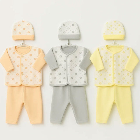 Fleece - 3 Pack - Newborn Night Suits - Peach Grey Yellow - Flowers