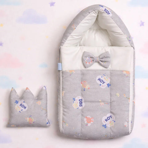 Cotton - Hooded Carry Nest - Light Grey - Bow & Boy - 26