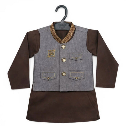 WG - 3 Pieces - Wash N Wear - Waist Coat Kurta Shalwar - Dark Brown - Window (0-6 Months)