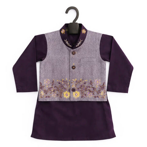 WG - 3 Pieces - Wash N Wear - Waist Coat Kurta Shalwar - Purple - Floral Pattern (0-6 Months)