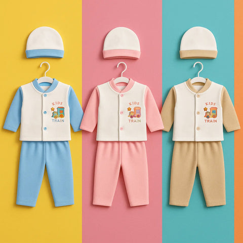 Kiddy's - Fleece - 3 Pack - Newborn Night Suits - Pink Blue Brown - Train - 25