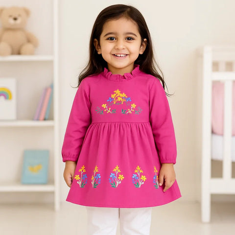 Corduroy Frock - Long Sleeves - Light Pink - Flowers - 25