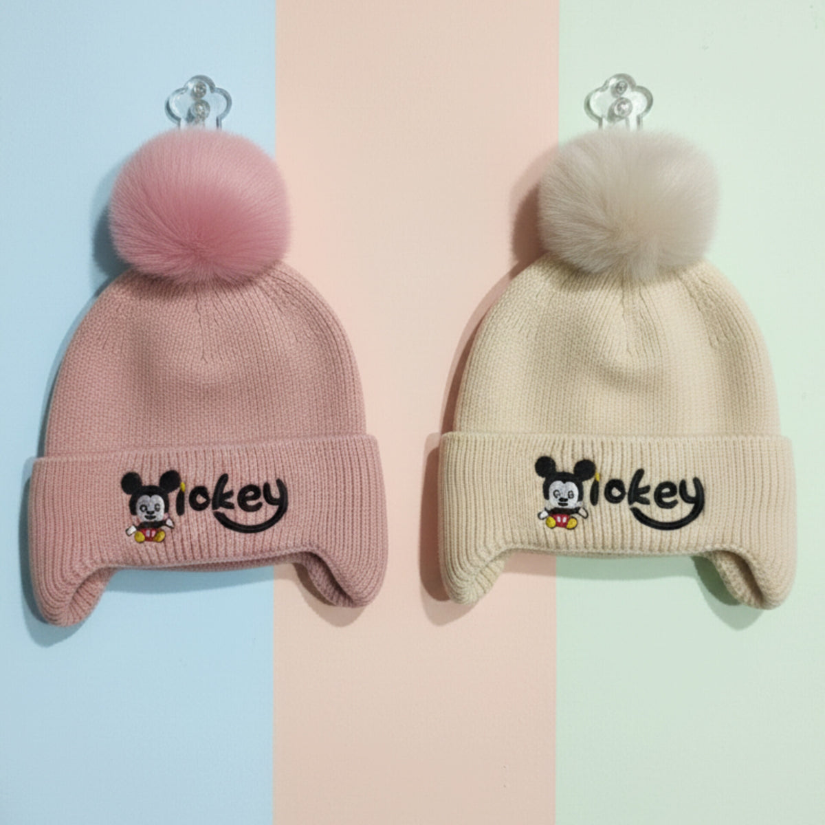 Pack of 2 - Woolen Caps - Skin & Pink - Pom Mickey - 26– The Babies Store